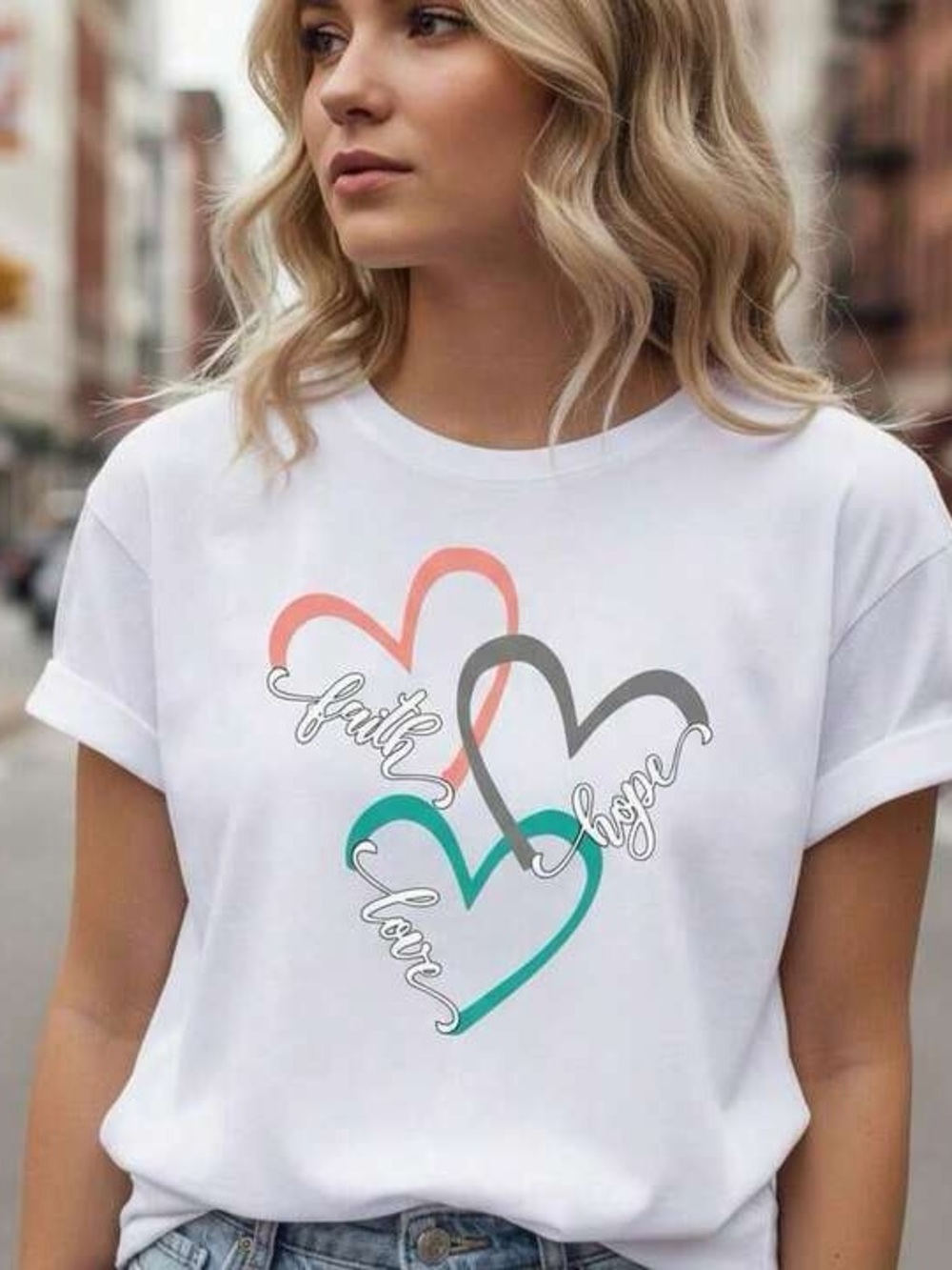 SHEIN Women’s White Graphic Tee with Heart Motif - Faith Love Hope